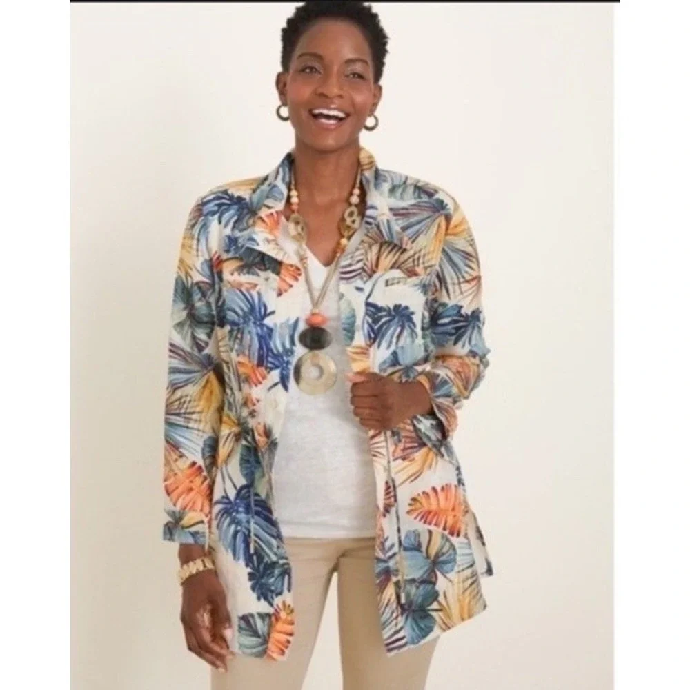 Chico's Palm-Print Tropical Linen Utility Summer Jacket Sz 3 (16/18) Resort Vaca